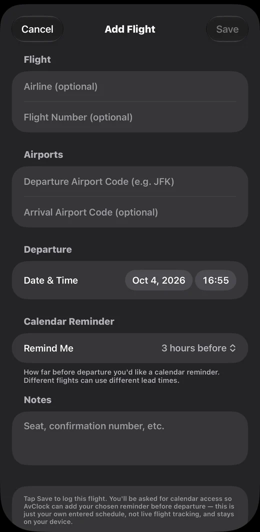The Add Flight screen: airline, flight number, departure and arrival airports, date and time, a calendar reminder set to 3 hours before, and notes