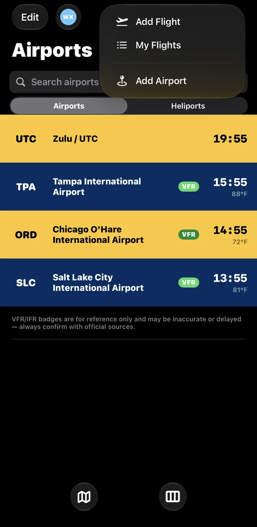AvClock's main screen with the + menu open, showing Add Flight, My Flights, and Add Airport
