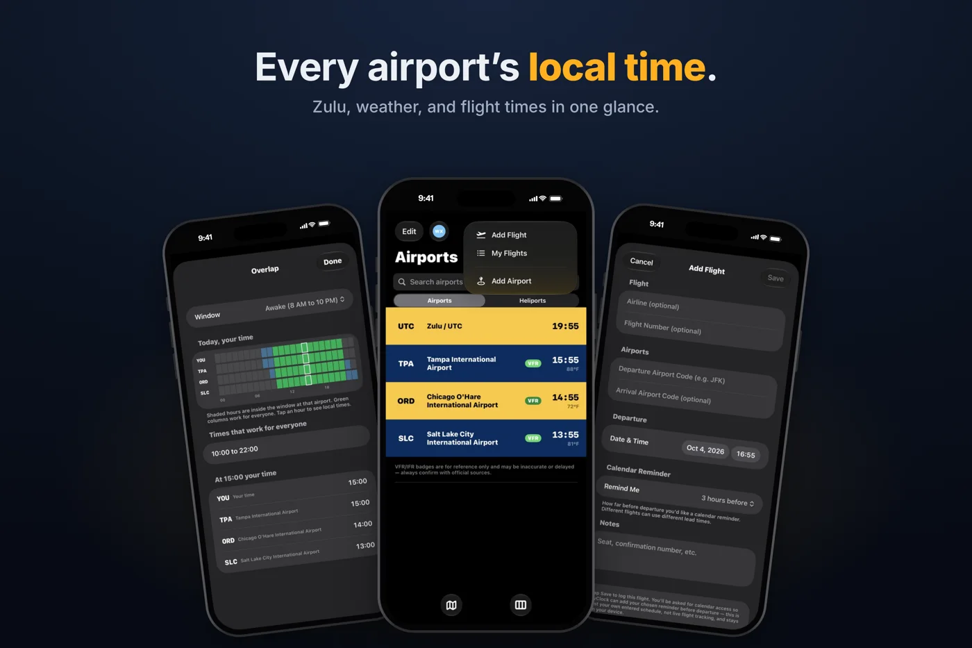 AvClock 1.9 on three iPhones: Overlap with the hours that work at every saved airport, the Airports list with live local times and VFR badges, and Add Flight
