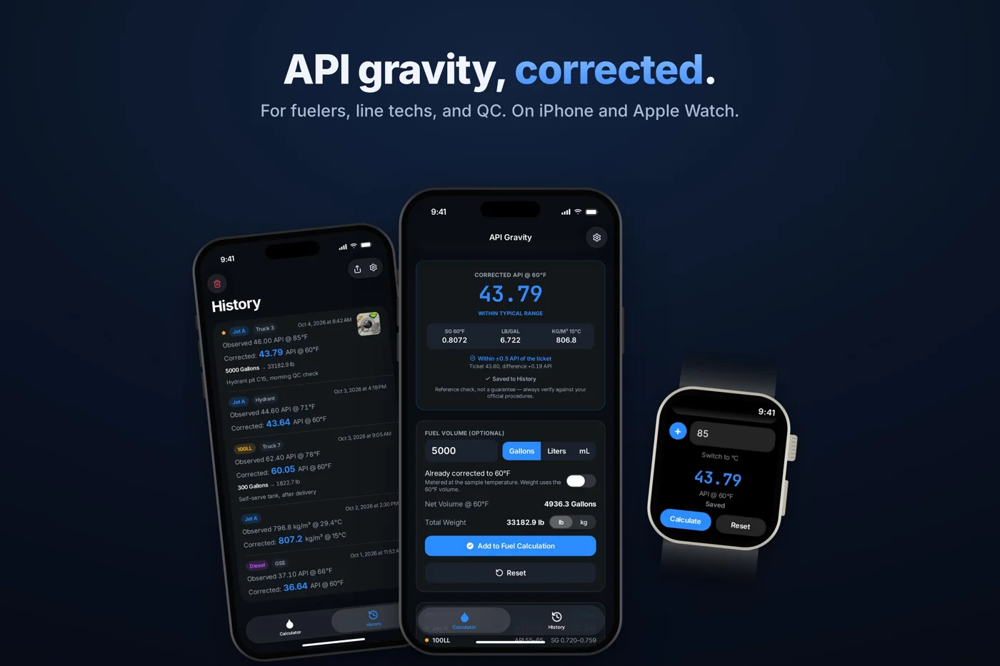 AvGrav on iPhone and Apple Watch: History, a corrected reading of 43.79 API at 60 degrees Fahrenheit, and the watch app showing the same result
