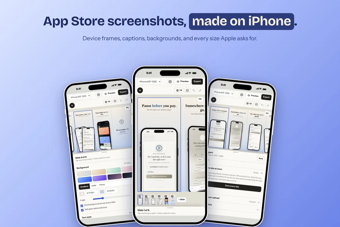 Shotstand on three iPhones: the editor with a set of App Store screenshots, the background palettes, and the Export sheet