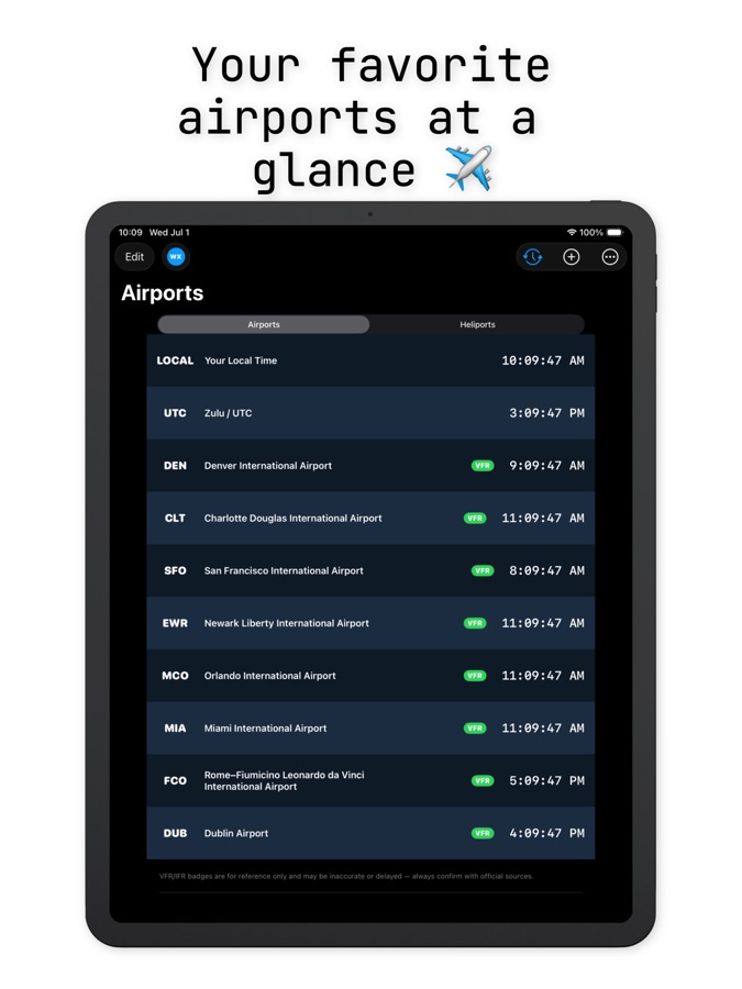 AvClock iPad: your favorite airports at a glance