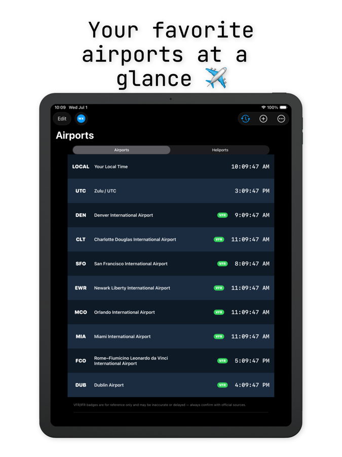 AvClock iPad: your favorite airports at a glance