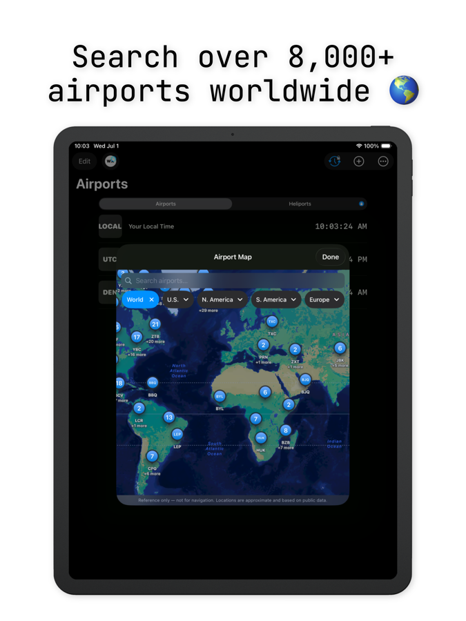 AvClock iPad: search over 8,000+ airports worldwide on the interactive map
