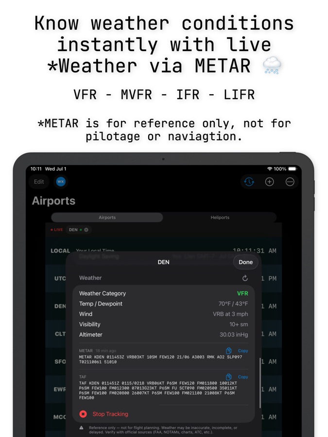 AvClock iPad: live METAR weather with color-coded flight-category badges