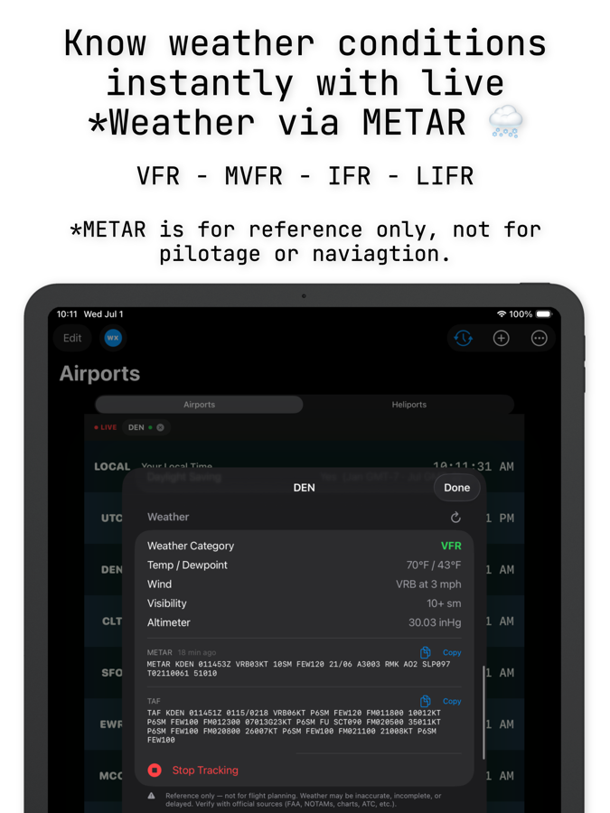 AvClock iPad: live METAR weather with color-coded flight-category badges