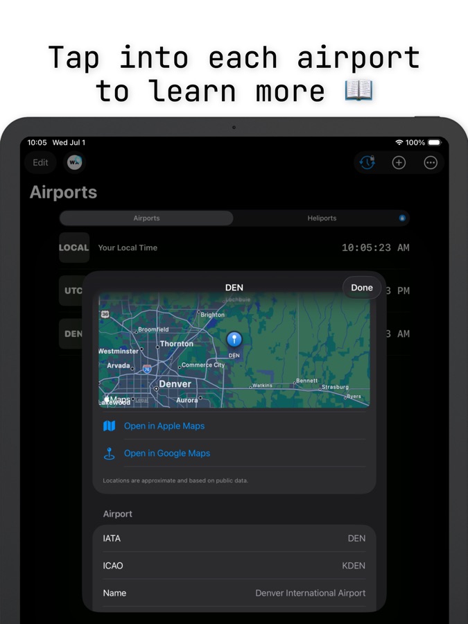 AvClock iPad: airport detail view with map and local time