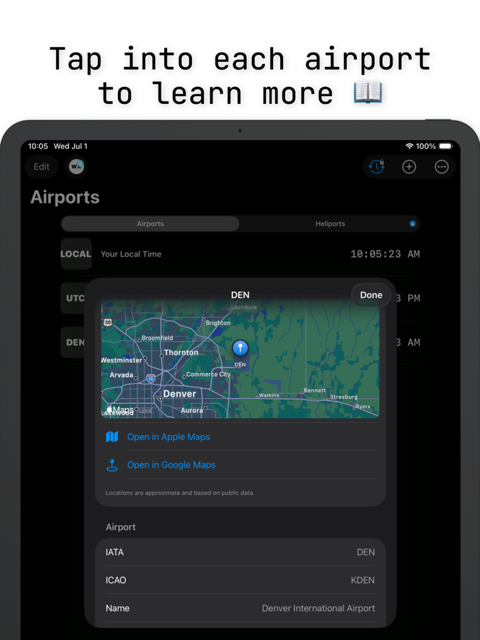 AvClock iPad: airport detail view with map and local time