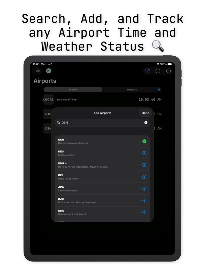 AvClock iPad: Airports list with seconds ticking