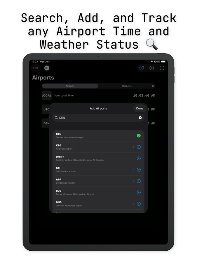AvClock iPad: Airports list with seconds ticking