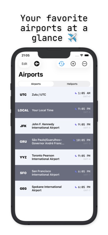 AvClock iPhone: your favorite airports at a glance, LOCAL and Zulu rows pinned