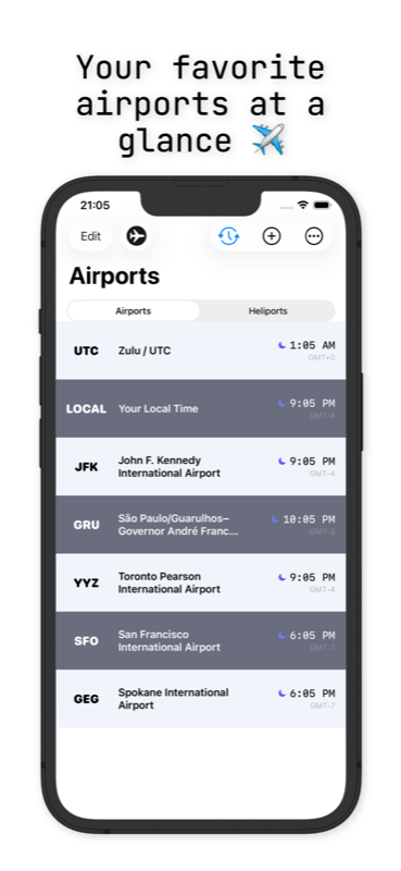 AvClock iPhone: your favorite airports at a glance, LOCAL and Zulu rows pinned
