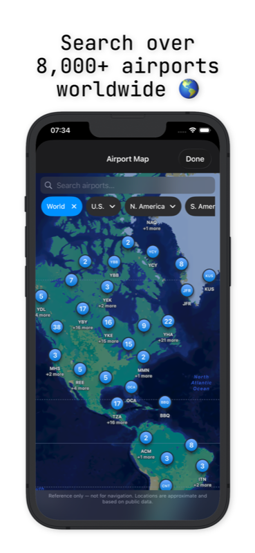 AvClock iPhone: search over 8,000+ airports worldwide on the interactive map