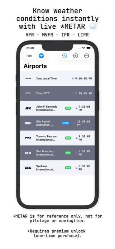 AvClock iPhone: live METAR weather with color-coded VFR/MVFR/IFR/LIFR badges