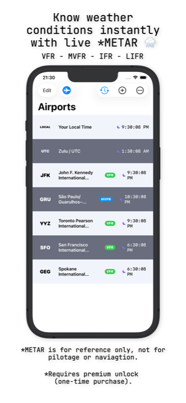 AvClock iPhone: live METAR weather with color-coded VFR/MVFR/IFR/LIFR badges