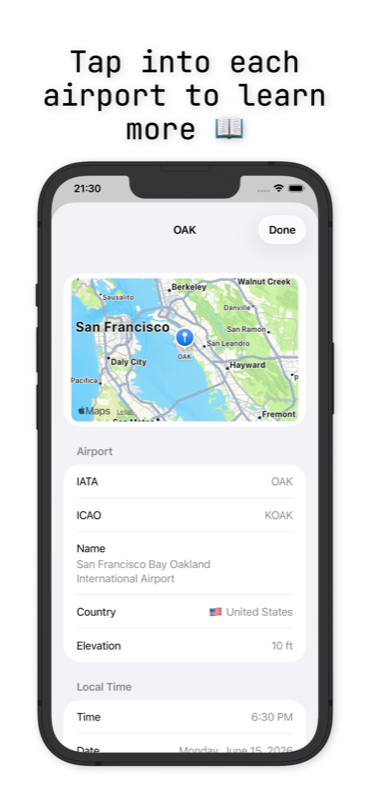 AvClock iPhone: airport detail view with map, IATA/ICAO, and local time