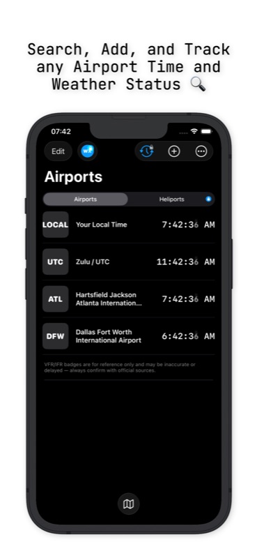 AvClock iPhone: dark mode Airports list with seconds ticking