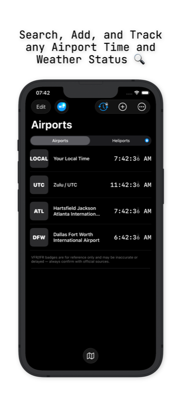 AvClock iPhone: dark mode Airports list with seconds ticking