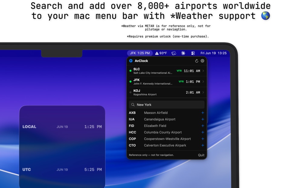AvClock Mac: search and add 8,000+ airports from the menu bar, with weather support