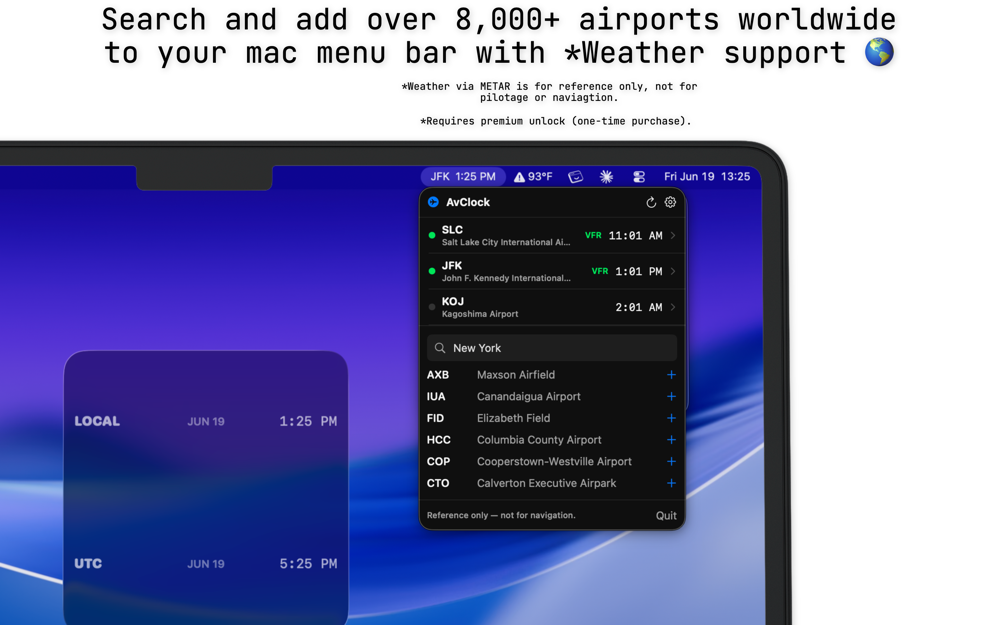 AvClock Mac: search and add 8,000+ airports from the menu bar, with weather support