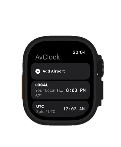 AvClock Apple Watch: your favorite airports with LOCAL and Zulu/UTC rows pinned