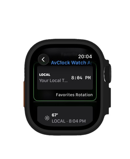 AvClock Apple Watch: Favorites Rotation complication cycling through your saved airports with live weather