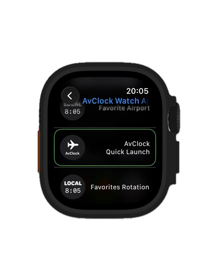 AvClock Apple Watch: choose from Favorite Airport, Quick Launch, or Favorites Rotation complications