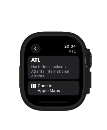 AvClock Apple Watch: airport detail with one-tap Open in Apple Maps